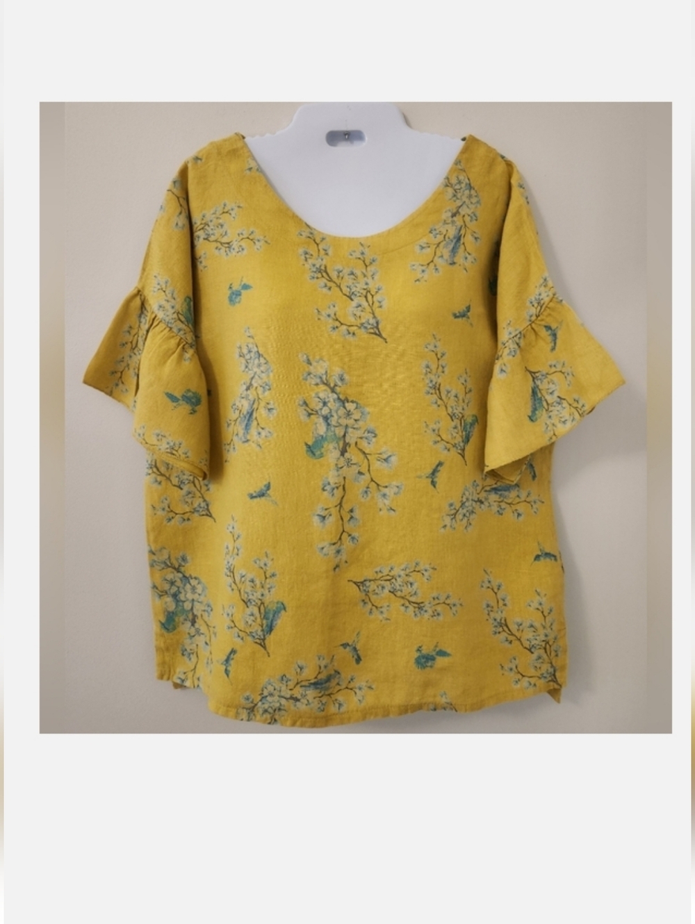 Bellambra Linen Yellow and Blue Flutter Sleeve Blouse with Relaxed Fit